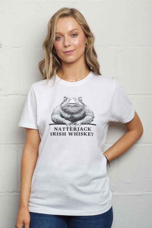 Woman-Standing-Wearing-White-Natterjack-Whiskey-Tshirt