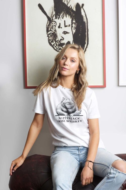 Woman-Wearing-White-Natterjack-Whiskey-Tshirt